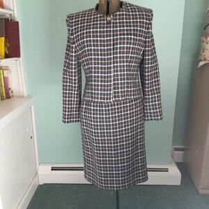 VTG 1980'S PH COLLECTIBLES LADIES WOOL BLACK, WHITE & TAN CHECK SKIRT SUIT 10P